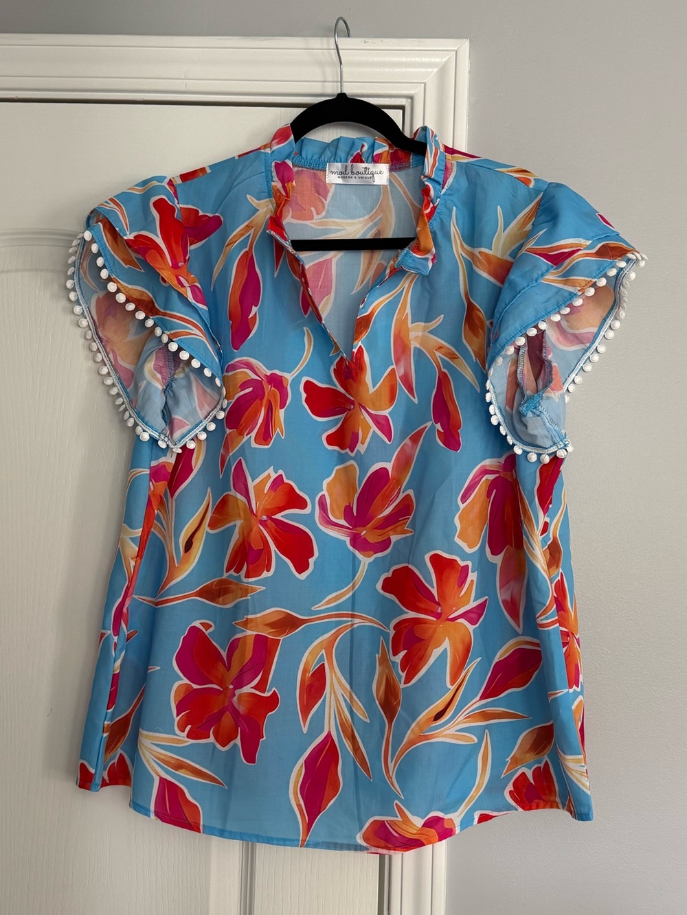 Bright Blue Floral Flutter Sleeve Top